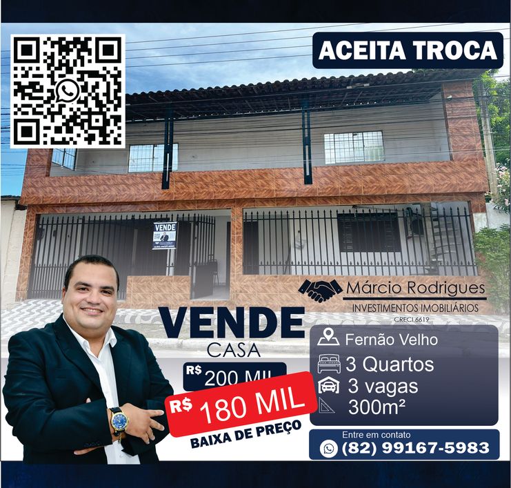 Casa à venda com 3 quartos em Fernão Velho por R$ 180 MIL - Maceió - AL / ACEITA TROCA