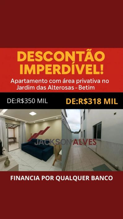 Apartamento com área privativa no Jardim das Alterosas – Betim De R$350.000,00 POR APENAS R$318.000,
