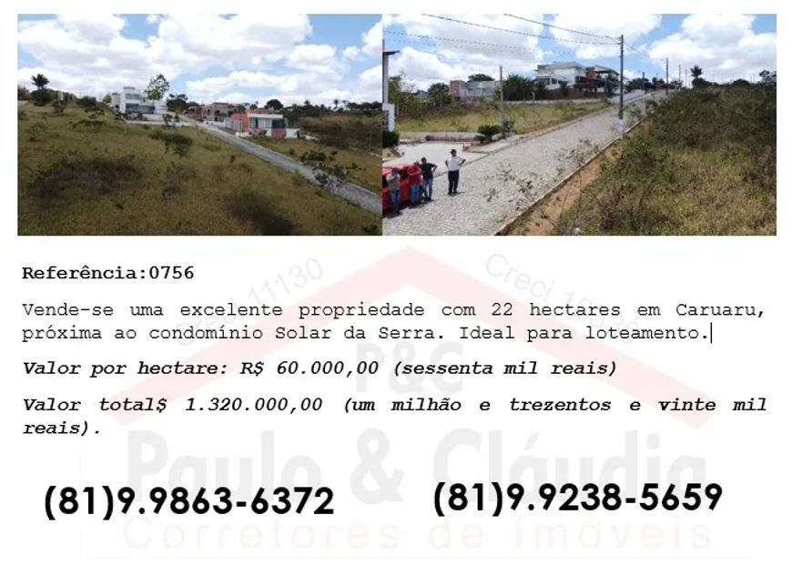 Vende-se uma excelente propriedade com 22 hectares em Caruaru, próxima ao condomínio Solar da Serra.