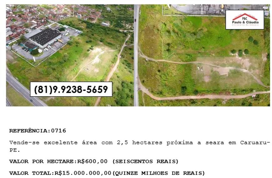 Vende-se excelente área com 2,5 hectares próxima a seara em Caruaru-PE.