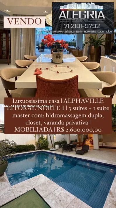 Casa para Venda em Camaçari, ALPHAVILLE LITORAL NORTE, 5 dormitórios, 5 suítes, 4 banheiros, 4 vagas