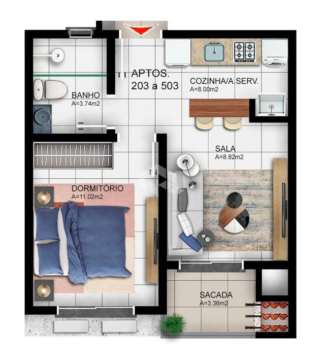 Apartamento de 01 dormitório com suíte, sacada e churrasqueira à venda no bairro Camobi em Santa Mar
