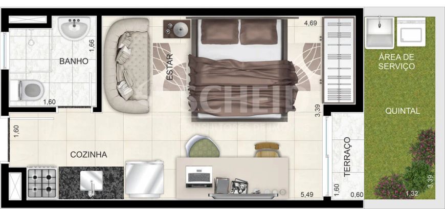 Aprtamento/Studio, Novo excelente localização, 1 dormitório, 1 banheiro, sala Campo grande,