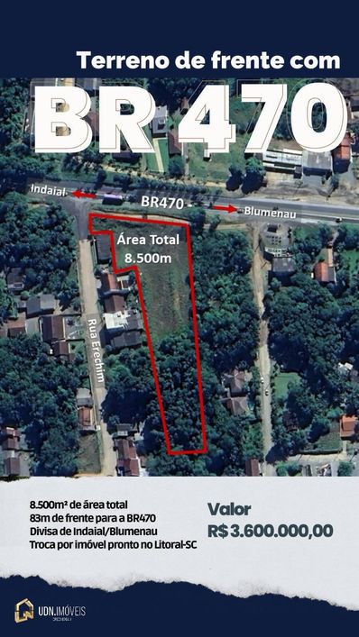 Terreno a venda na divisa Blumenau/Indaial - SC