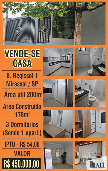 Casa com 3 dorms, Residencial Regissol I, Mirassol - R$ 450 mil, Cod: 13703