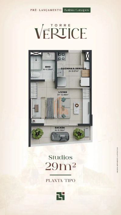 Apartamento Studio 29m² 1 quarto, 1 banheiro e 1 vaga de garagem!